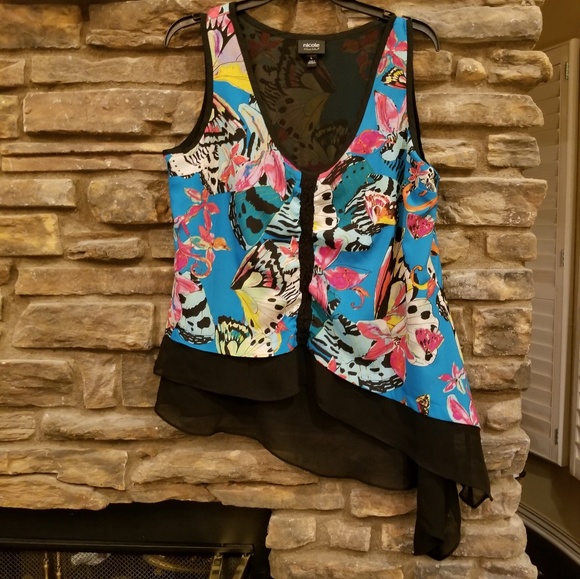 3/$20 ASYMMETRIC BUTTERFLY &FLORAL FLOWY TOP SZ L - Picture 1 of 5